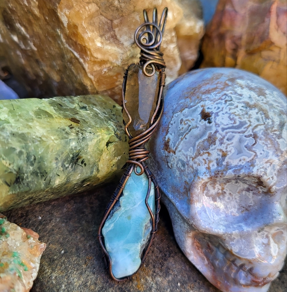 Smoky Citrine Crystal & Larimar Copper Wire Wrap Pendant